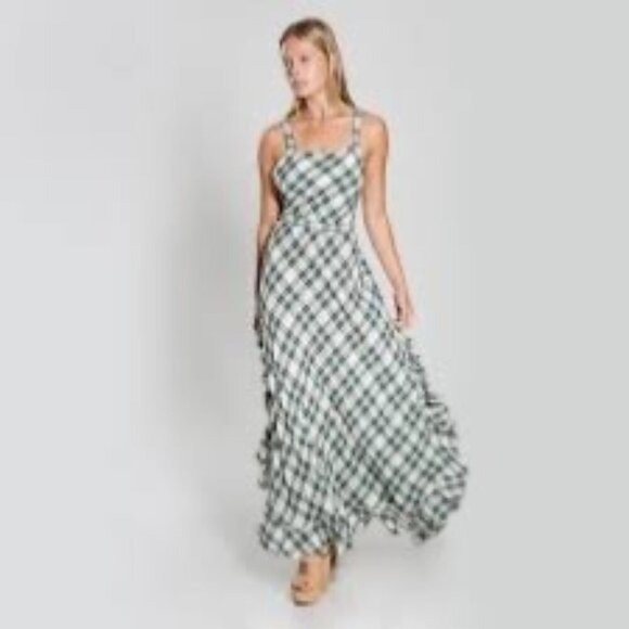 Max Studio Vintage Linen Spring Gingham Plaid Ruffle Slit Maxi Dress - Picture 1 of 12